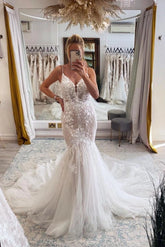 Modern Spaghetti Straps Lace Mermaid Wedding Dress-27dress